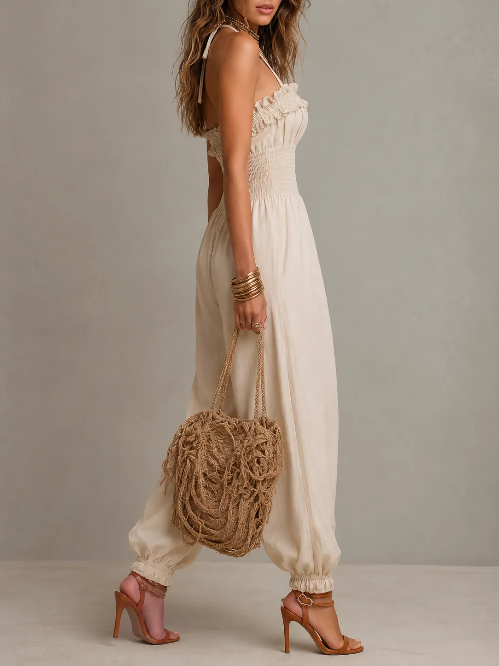 Bohemian Lace-Trimmed Linen-Blend Halter Harem Jumpsuit