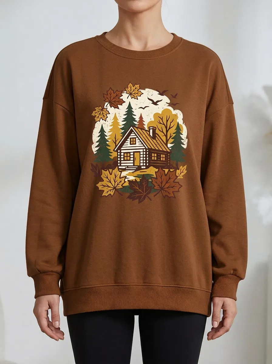 Layered Maple-Leaf Printed Leaf-Motif Graphic Sweatshirt