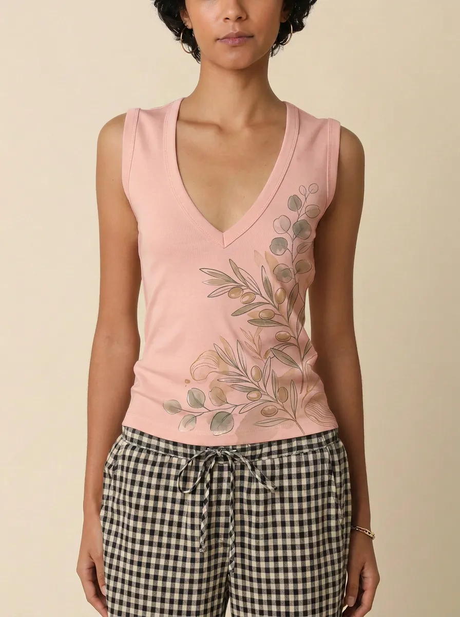 Women's Botanical Nature Lover Olive Branch Printed V-neck Tank Top