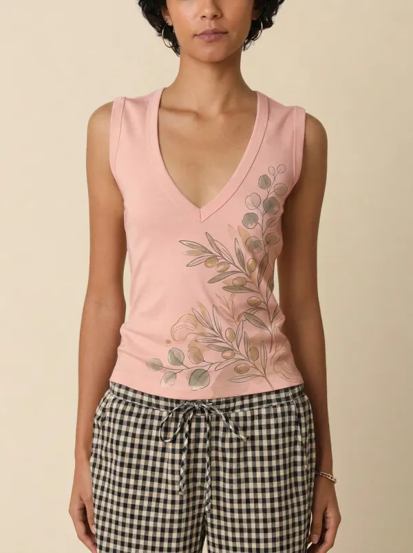 Women's Botanical Nature Lover Olive Branch Printed V-neck Tank Top