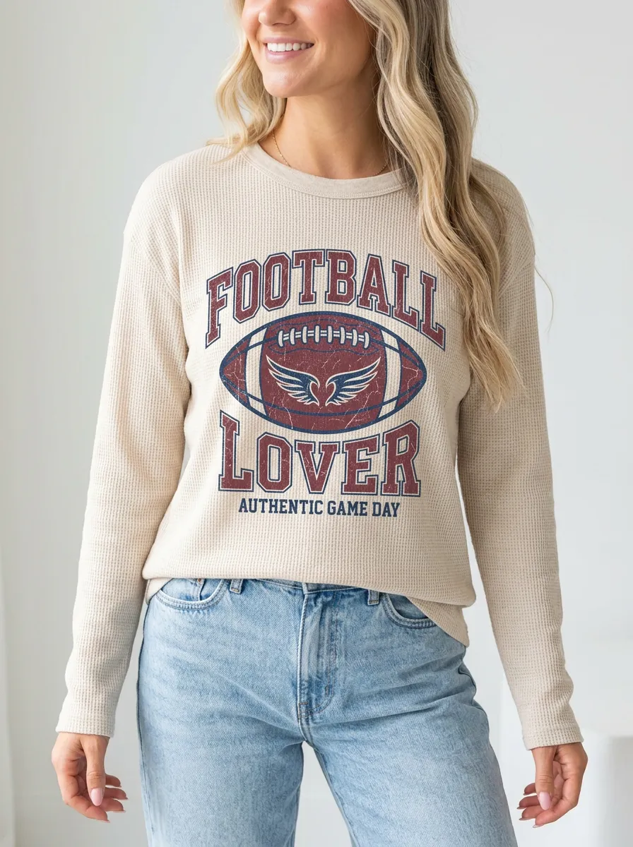 Women's Football Lover Winged Ball Game Day Printed Waffle T-Shirt