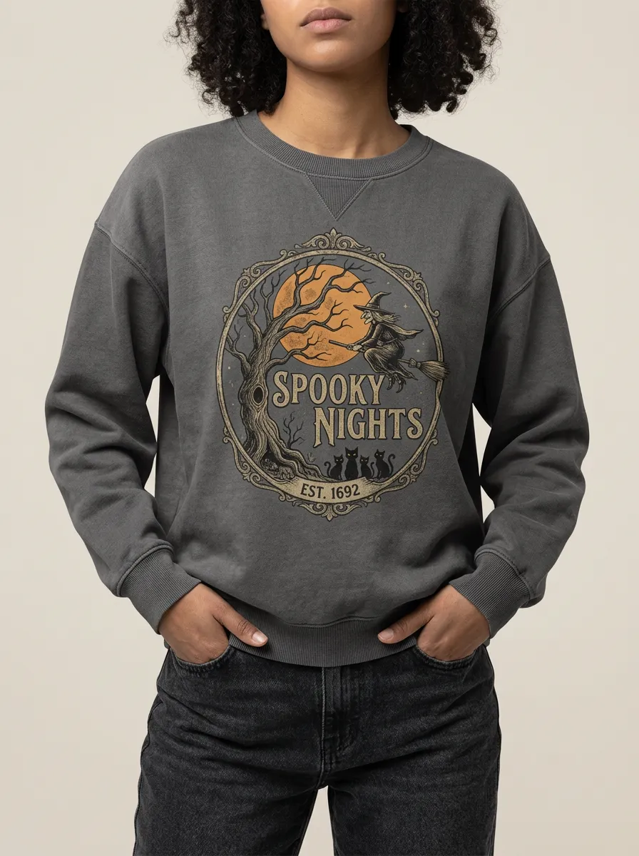 Women's Halloween Spooky Nights Witch Cat Printed Sweatshirt