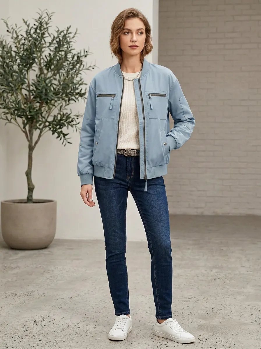 Utility Bomber Denim-Style Women's Casual Jacket