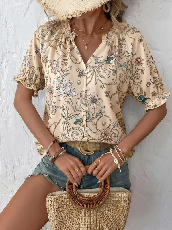 Women's Boho Floral Bee Pattern Printed V-Neck Blouse