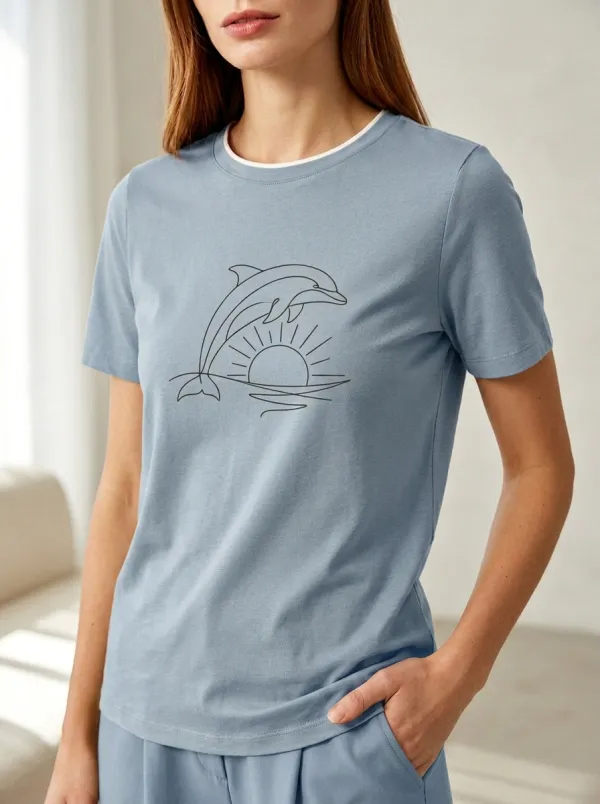 Women's Ocean Lover Dolphin Sunset Line Art Printed T-shirt