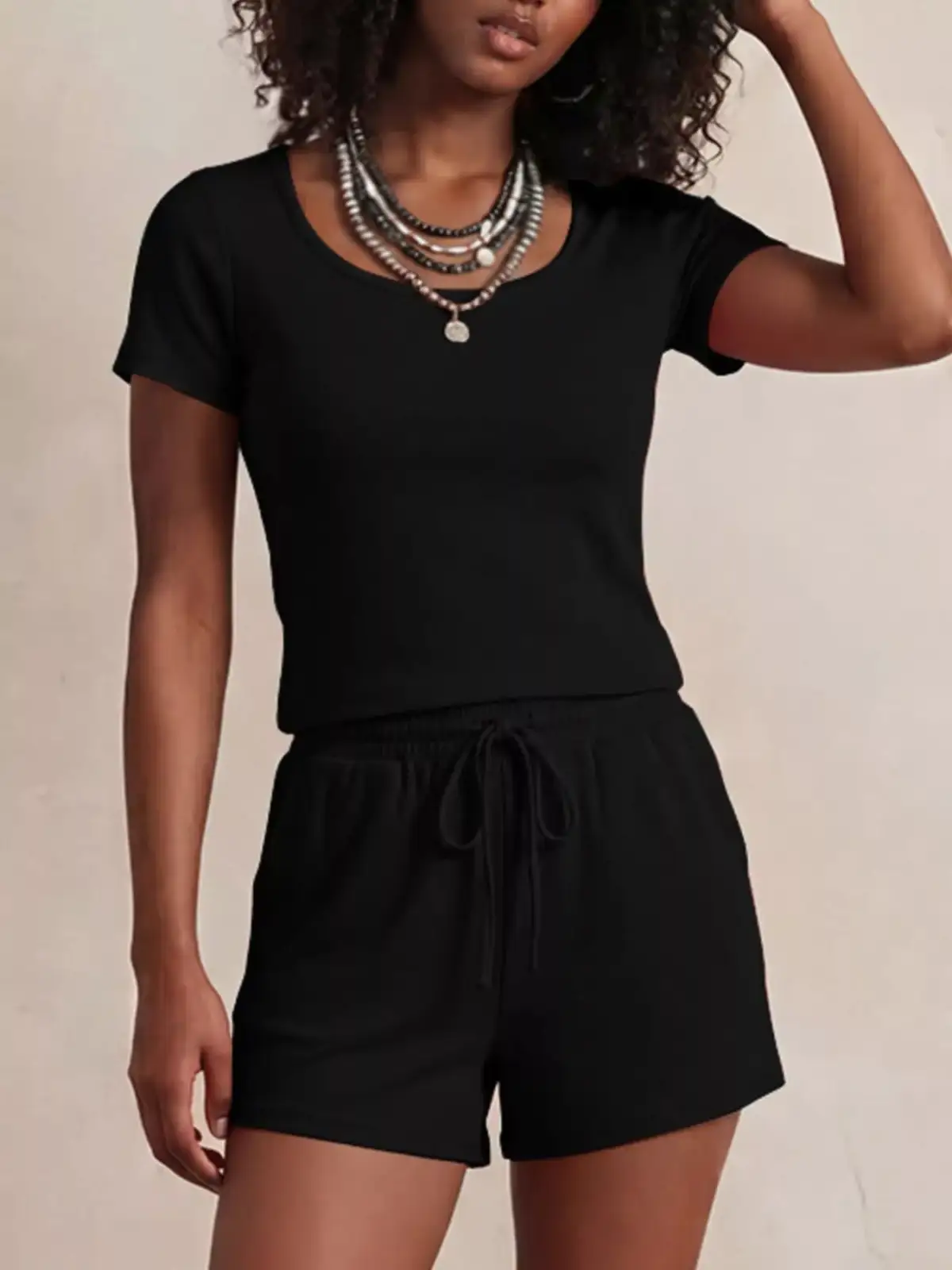Drawstring Pocketed Tee and Shorts Matching Set