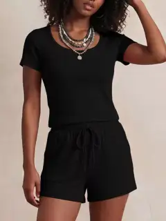Drawstring Pocketed Tee and Shorts Matching Set