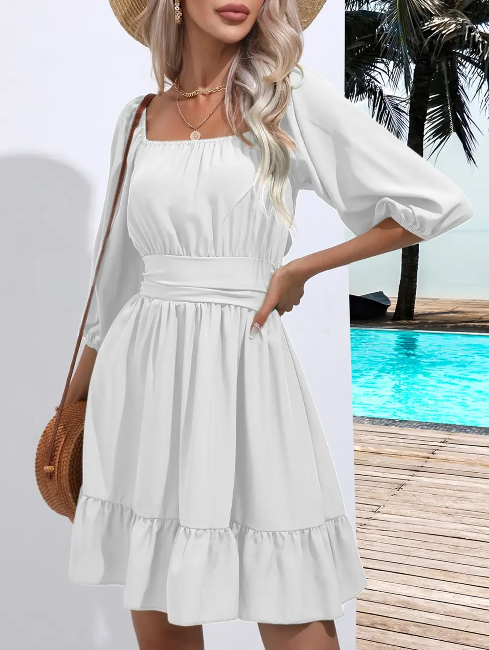 Square Neckline Ruffled Tie Up Mini Dress