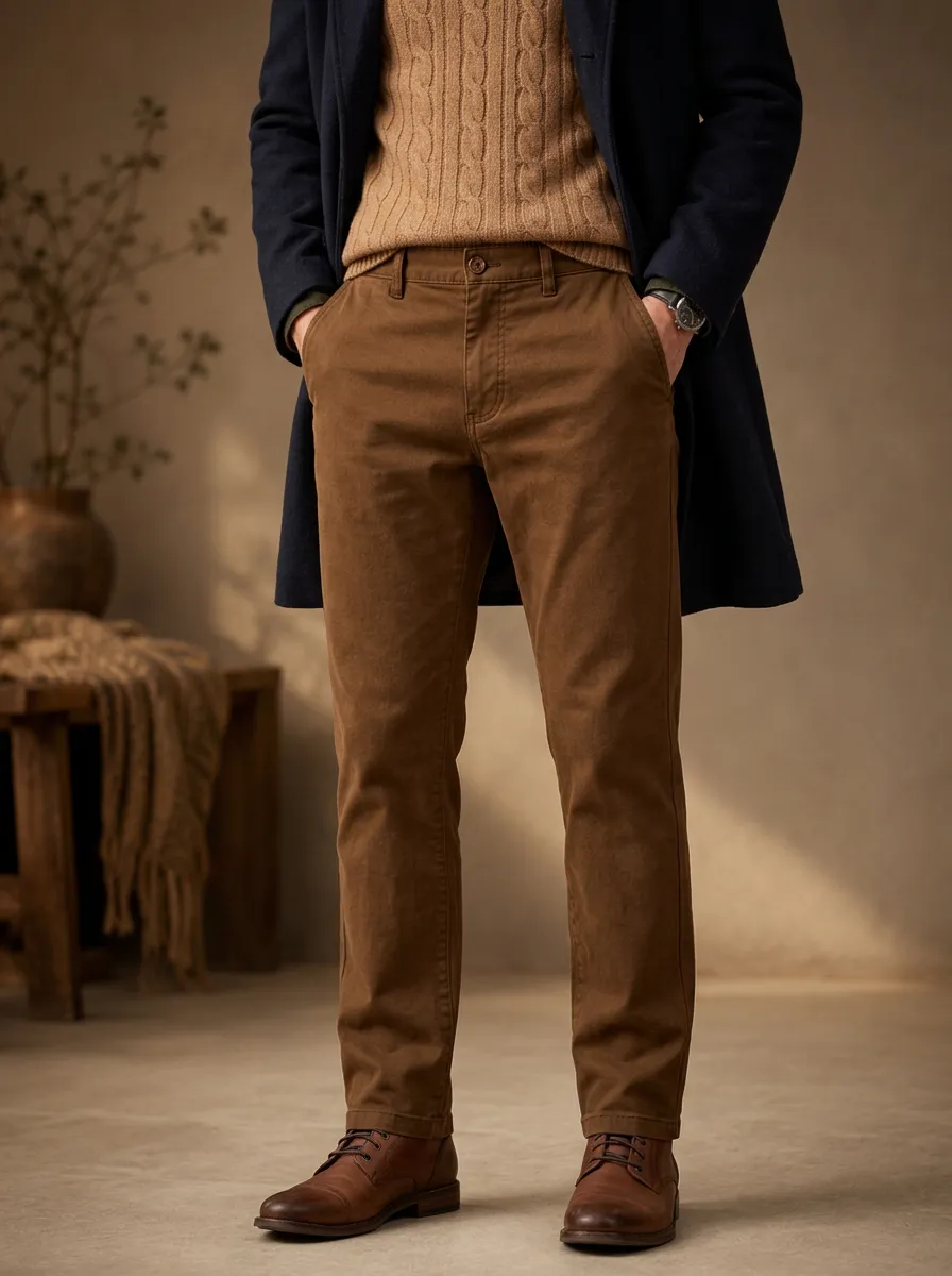 Men's Fall Winter Button Front Chino Casual Trousers