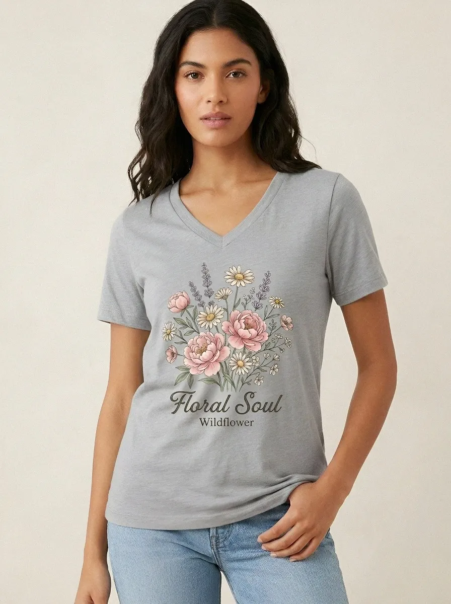 Women's Floral Soul Wildflower Bouquet Printed V-neck T-shirt