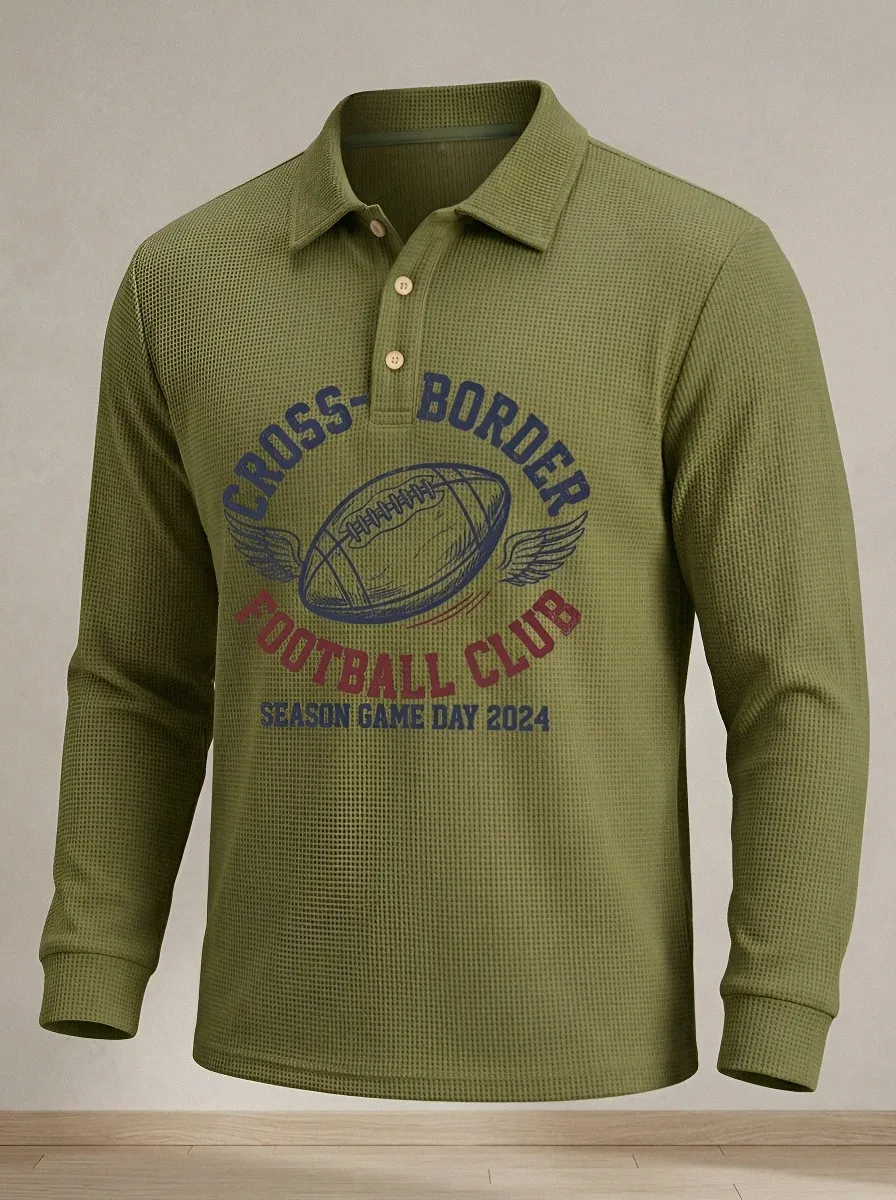 Men's Football Lover Winged Ball Printed Waffle Polo Shirt