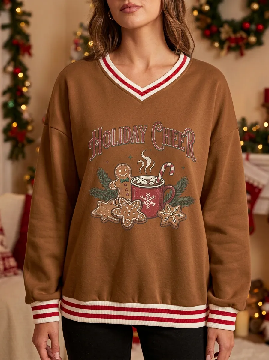 Christmas Holiday Cheer Gingerbread Cocoa Print Sweatshirt