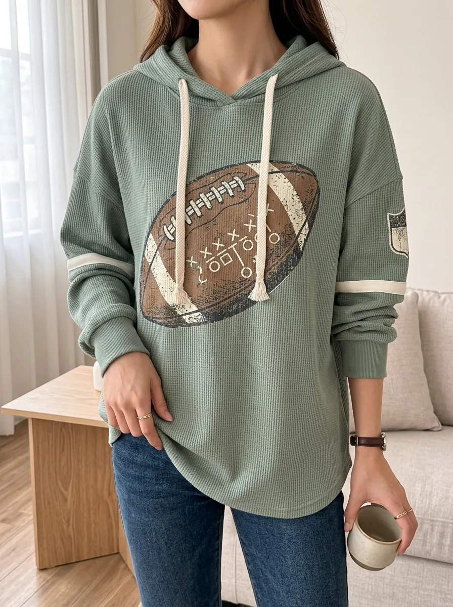 Women's Football Fan American Football Printed Waffle Knit Hoodie