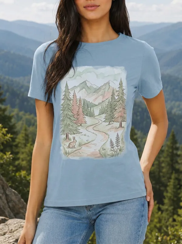 Women's Nature Lover Rabbit Forest Mountain Path Printed T-shirt