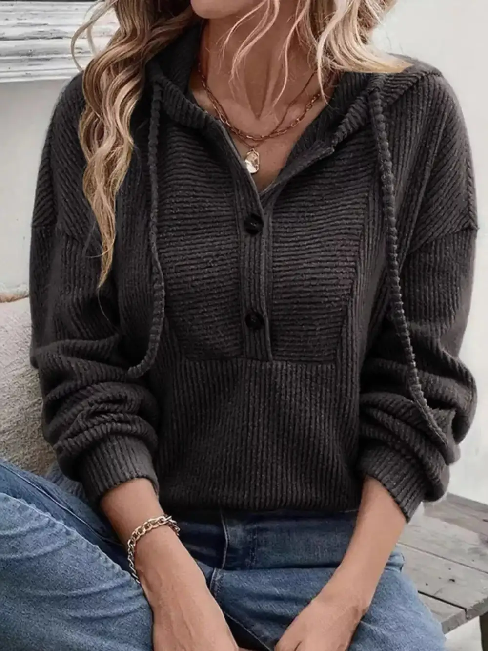 Drawstring Buttoned Pocketed Hoodie