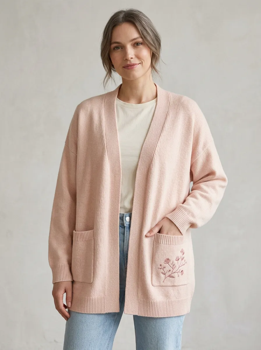 Women's Floral Embroidery Pink Knitted Cardigan