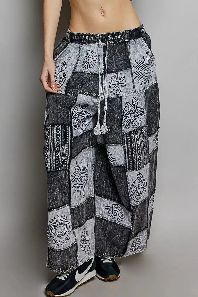Drawstring Patchwork Wide Leg Pants