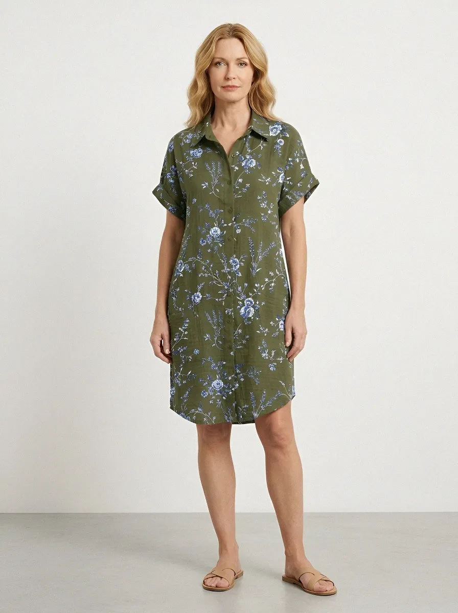 Women's Summer Vacation Blue Floral Olive Green Printed Shirt Dress