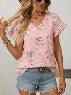Cat Floral Ruffle Women's Loose Printed Blouse