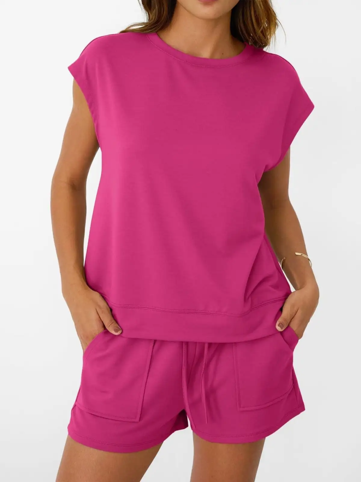 Tailored Drawstring Pocketed Top and Shorts Matching Set