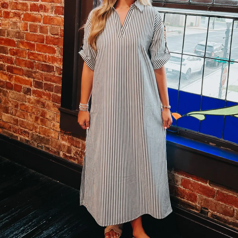 Striped Animal Print Collared Dress