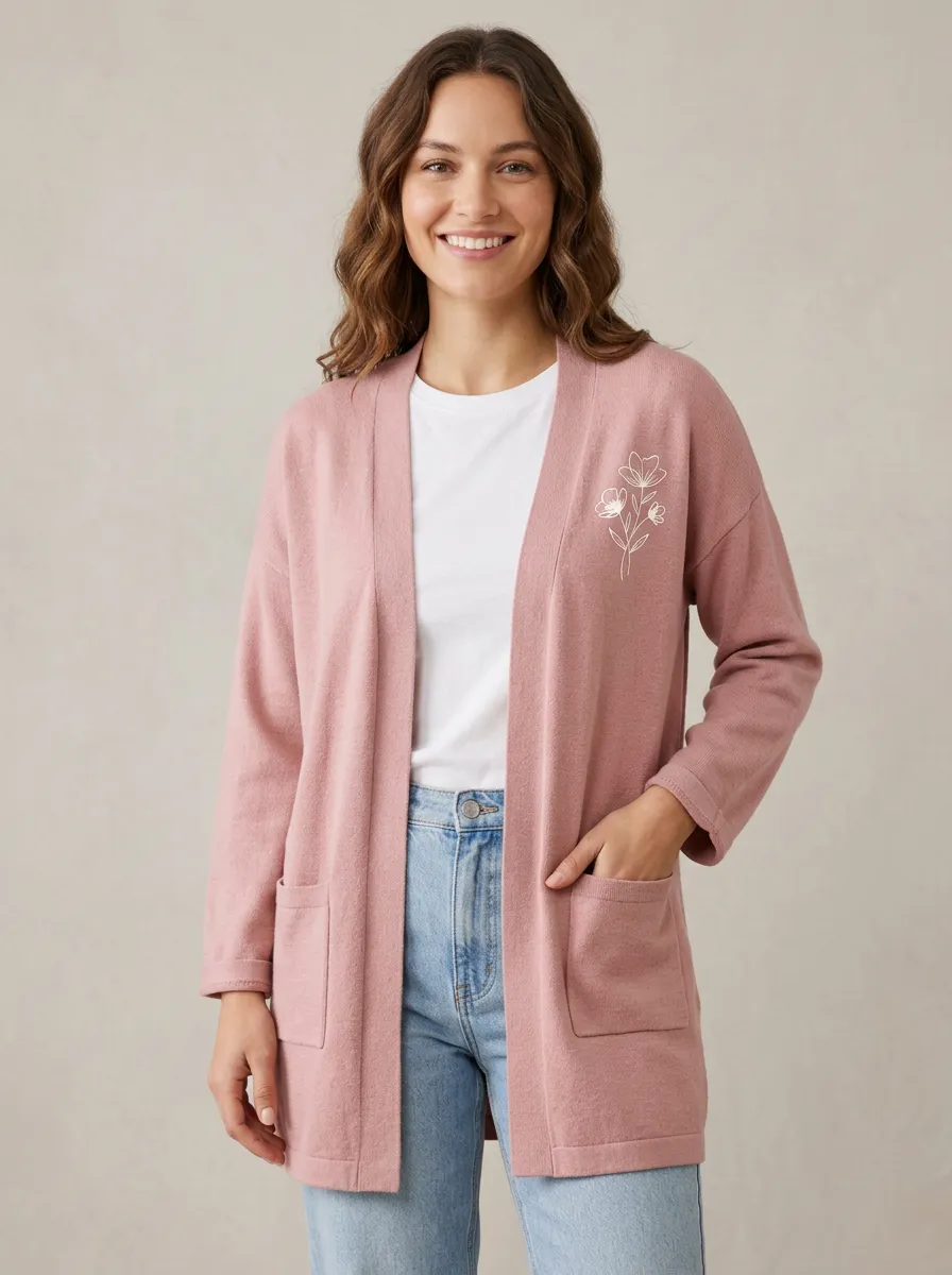 Pink Refined Floral Minimalist Print Cardigan