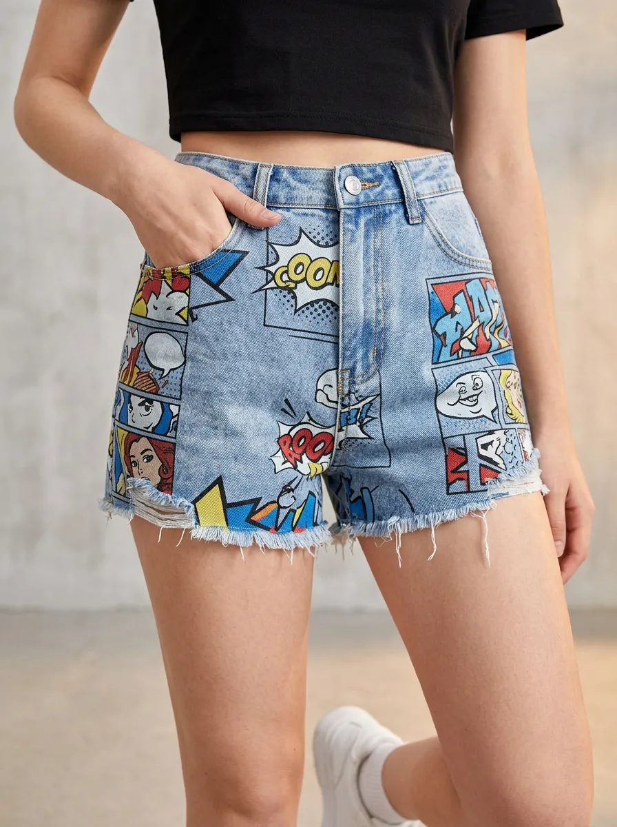 Women's Pop Art Comic Strip Printed Denim Shorts