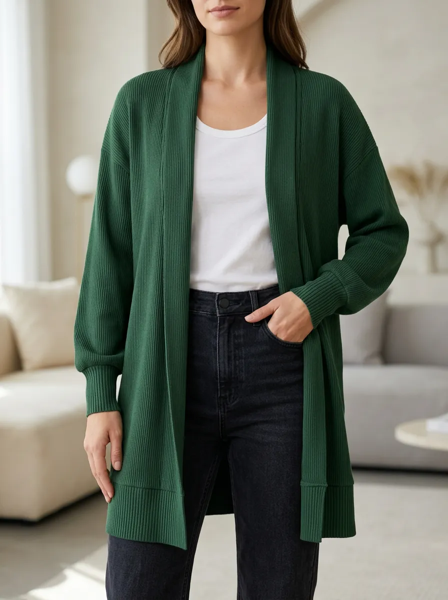 Women's Ribbed Knit Open Front Ribbed Cuff Cardigan