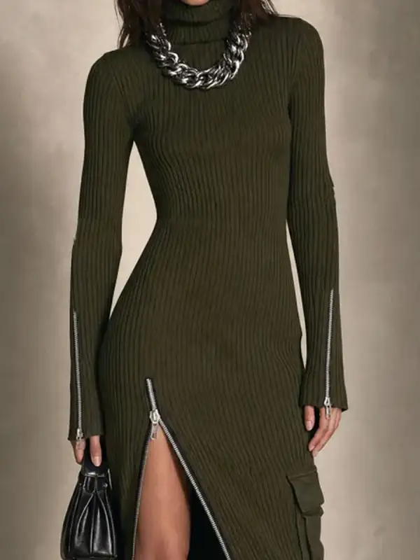 Olive Turtleneck Ribbed Knit Zip Slit Midi Dress With Cargo Pocket