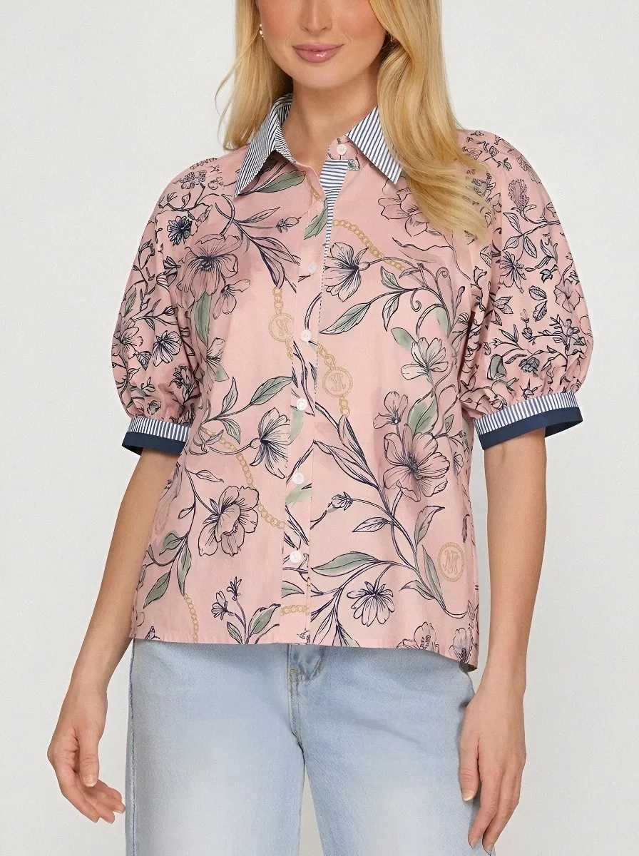 Women's Floral Chain Pattern Puff Sleeve Printed Blouse