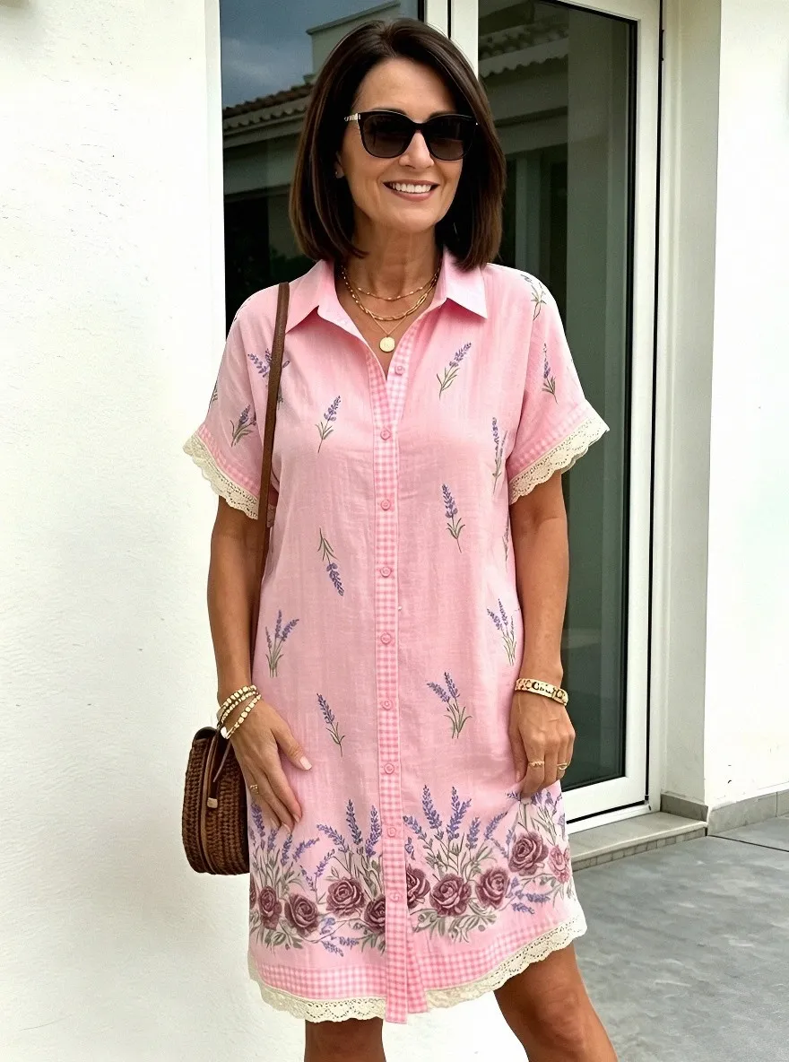 Women's Summer Vacation Lavender Floral Gingham Printed Shirt Dress