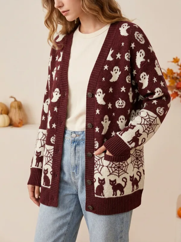Women's Halloween Ghost Cat Pumpkin Spiderweb Patterned Cardigan