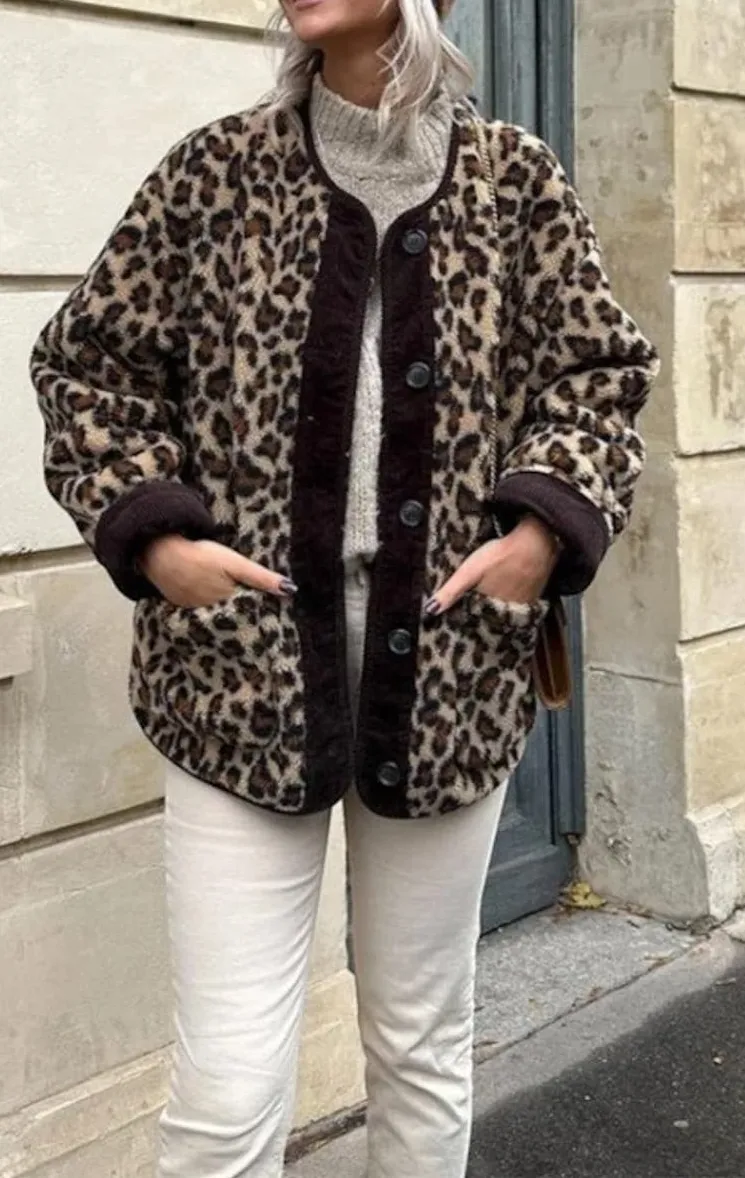 Single-Breasted Leopard-Print Relaxed Jacket