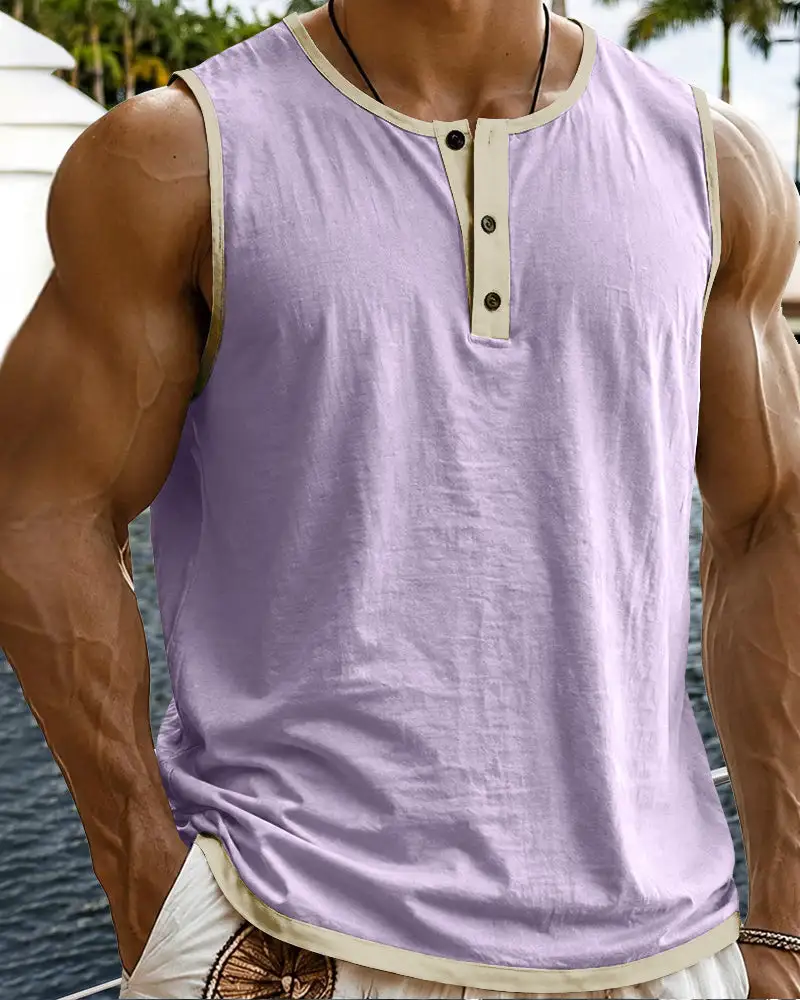S Relaxed Contrast Trim Henley Sleeveless Tank Top