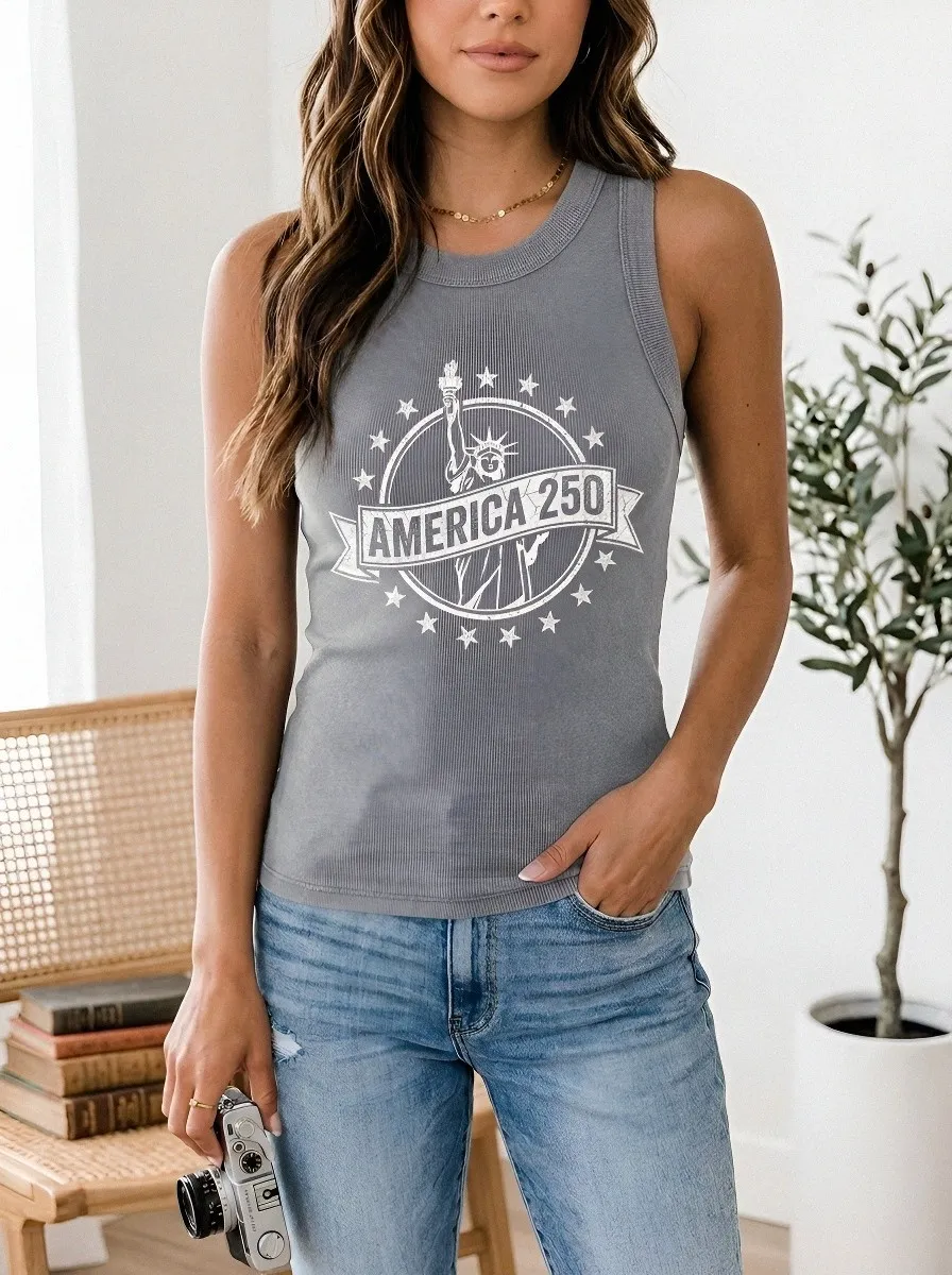 Women's USA Patriotic Statue of Liberty America 250 Printed Tank Top