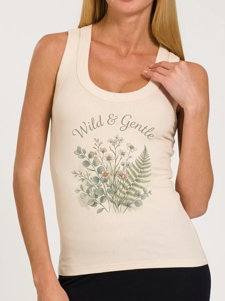 Women's Wild & Gentle Floral Fern Printed Ribbed Tank Top
