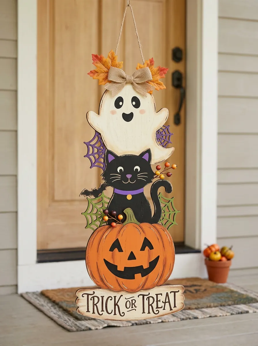 Halloween Ghost Cat Pumpkin Trick or Treat Hanging Door Sign