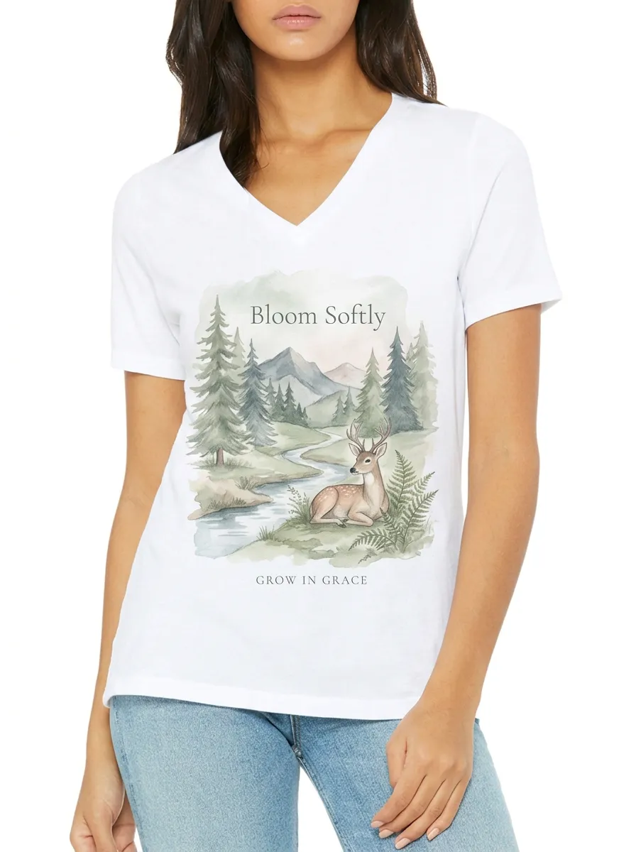 Women's Nature Lover Deer Forest Watercolor Printed V-neck T-shirt