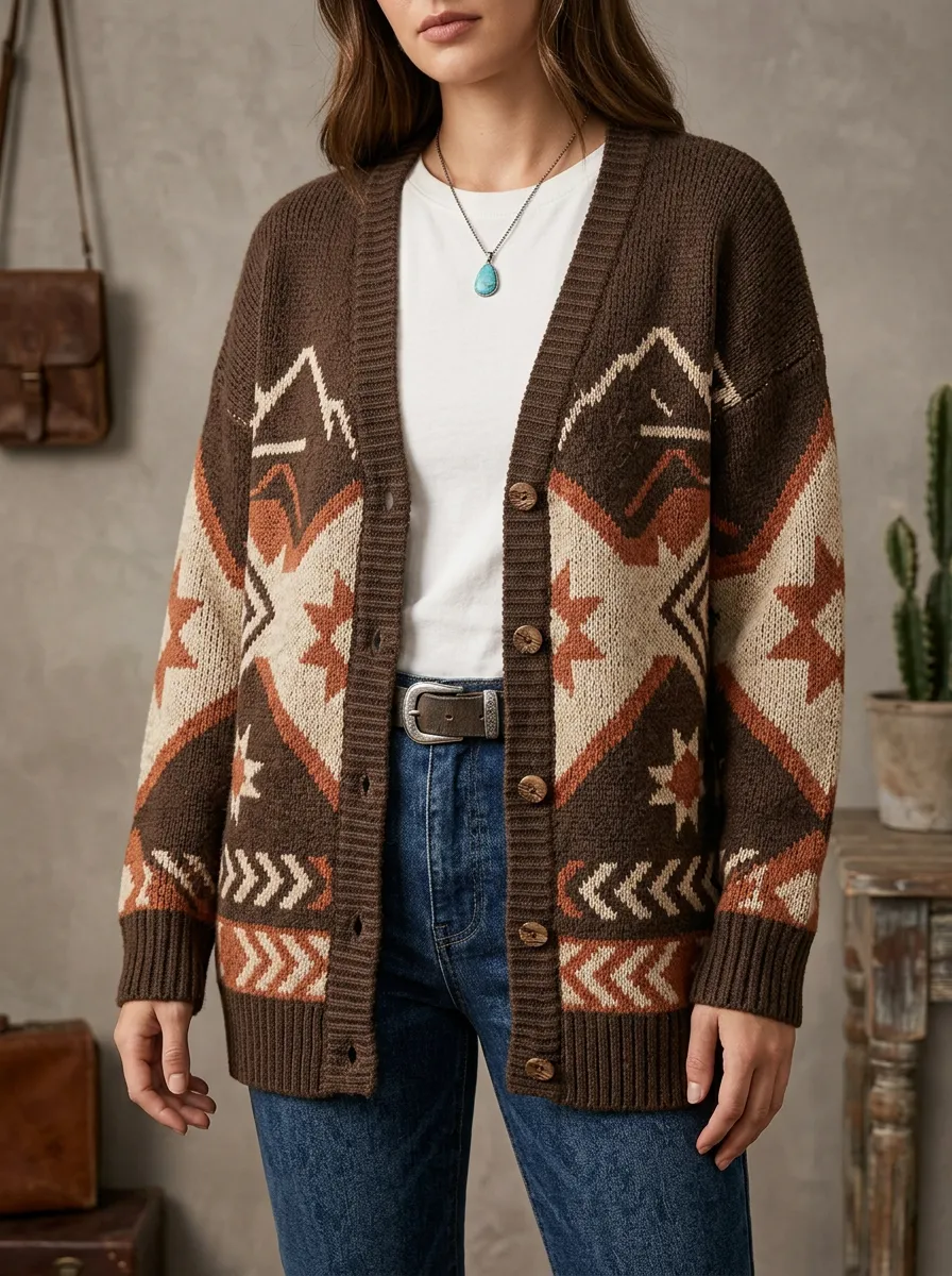 Women's Western Style Geometric Mountain Pattern Knitted Cardigan