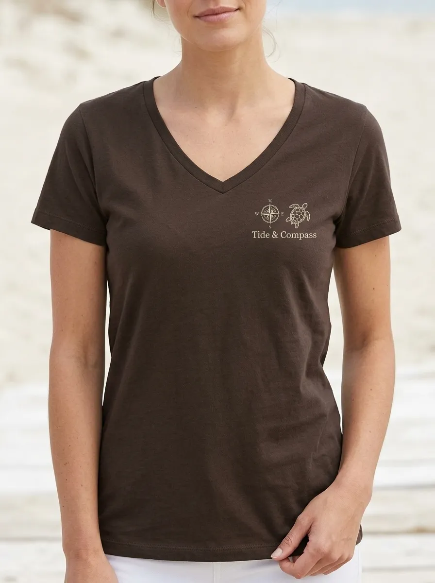 Women's Nautical Sea Turtle Compass Printed V-neck T-shirt