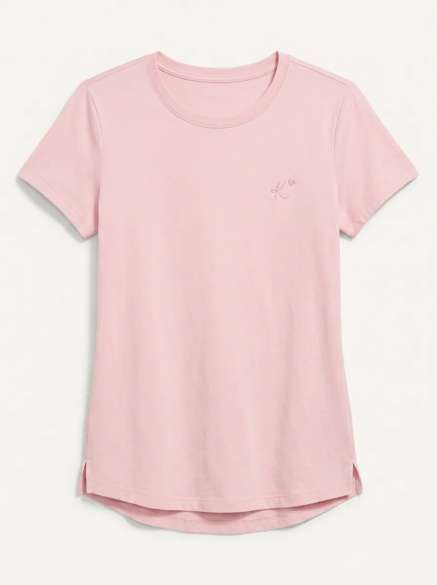 Women's Minimalist Letter K Heart Embroidered Pink T-shirt