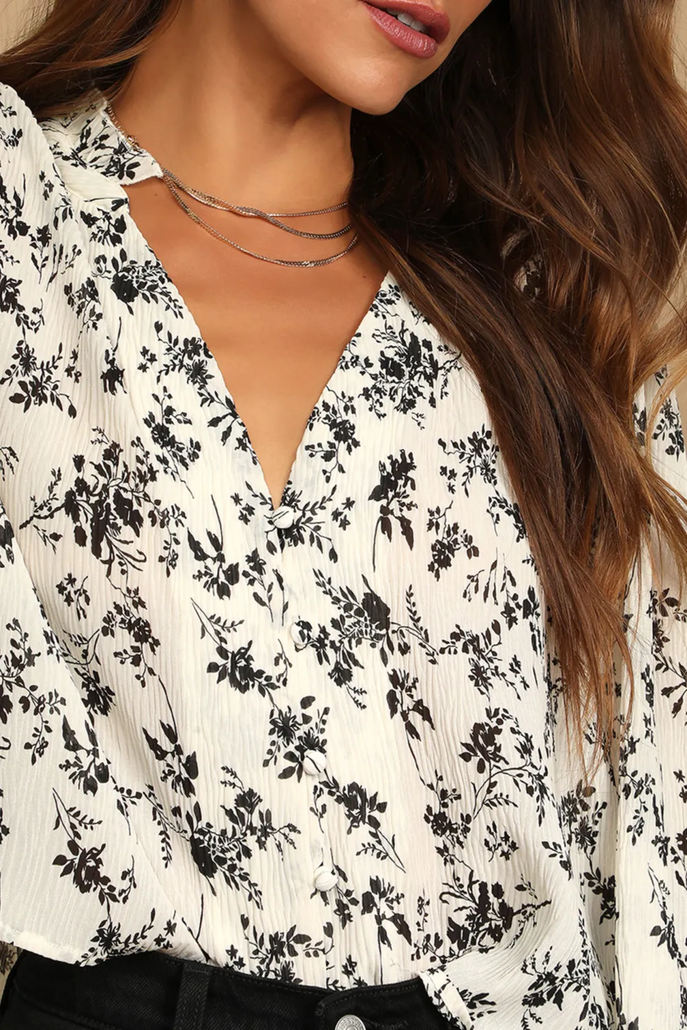 Daily Floral Print Button-Up Long Sleeve Top
