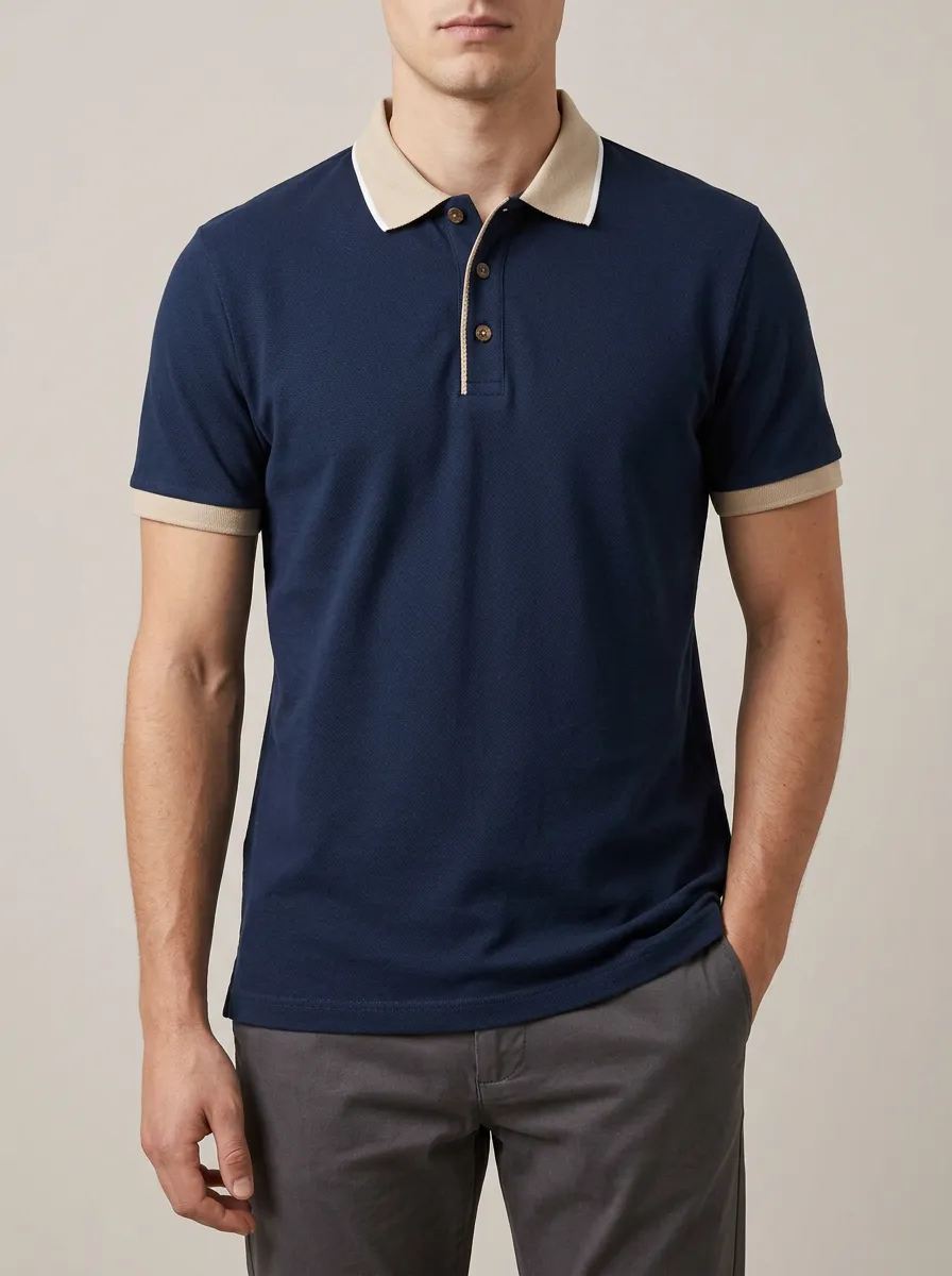 Men's Classic Knit Ribbed Textured Contrast-Collar Contrast-Trim Polo Shirt