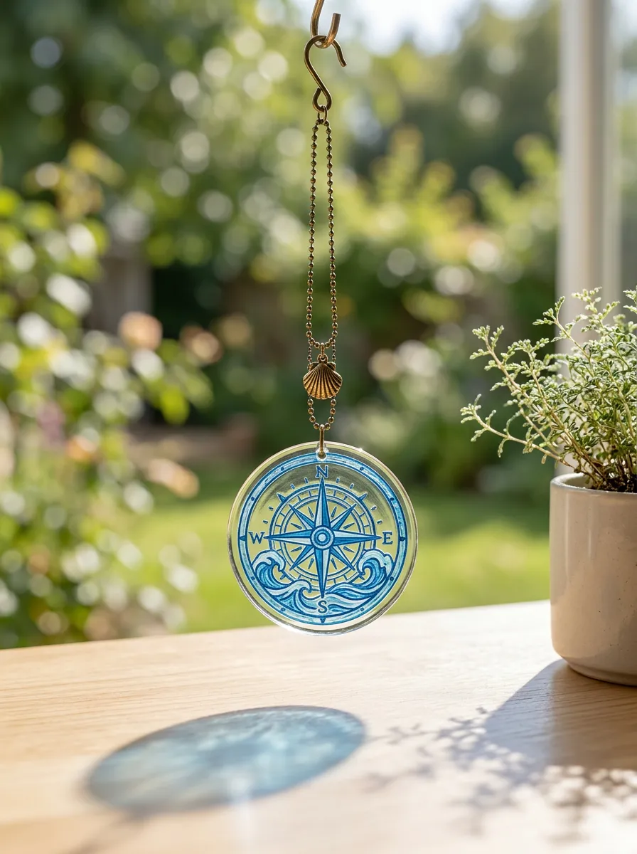 Nautical Compass Ocean Wave Printed Suncatcher