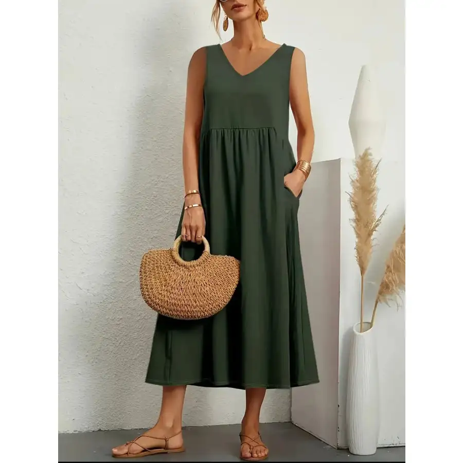 Full Size Pocketed V-Neck Sleeveless Midi Dress Plus Size