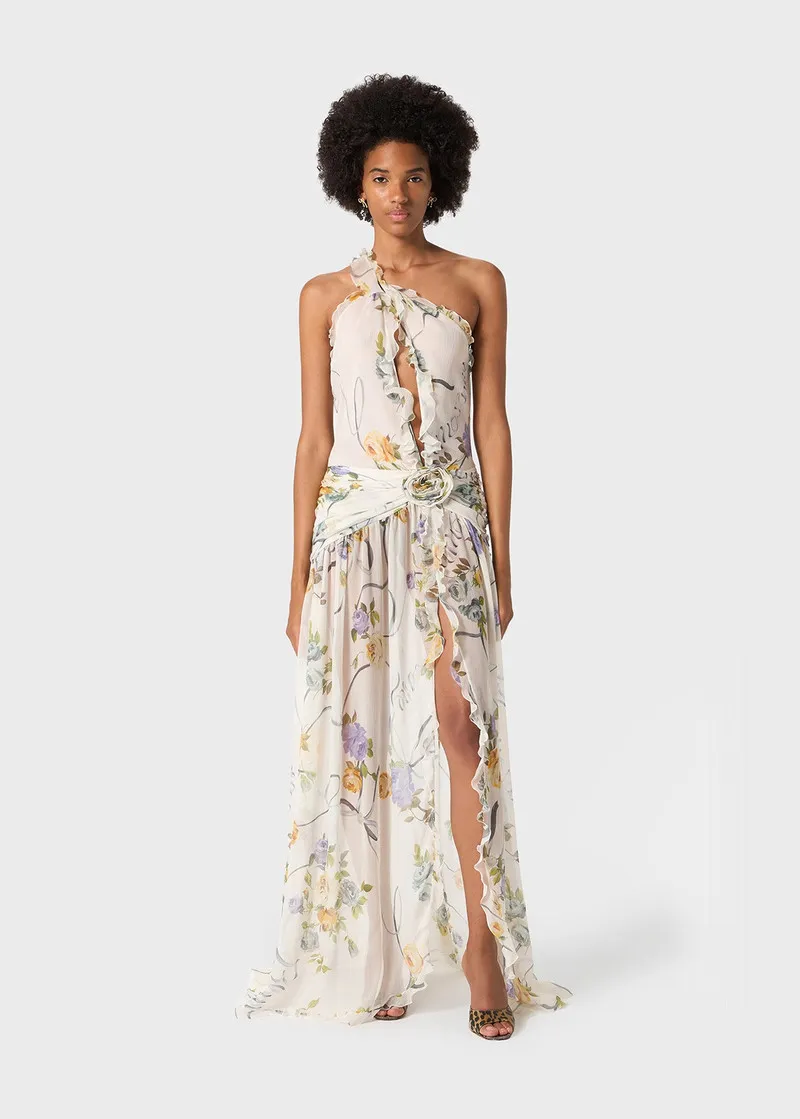 Astrid Printed Split Vacation-Style Maxi Dress In Beige