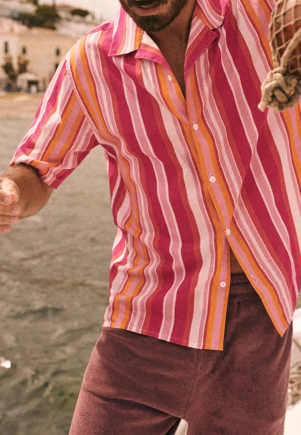 Pink Orange Stripe Print Short Sleeve Camp Shirt