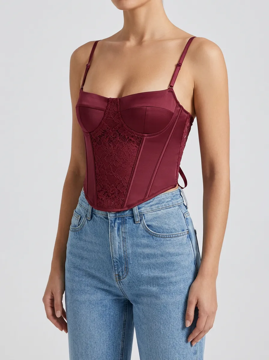 Floral-Lace Boned Satin-Look Women's Corset Top