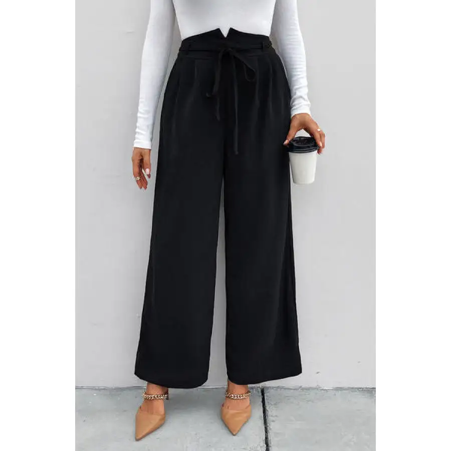 High Waist Ruched Tie Front Wide Leg Pants