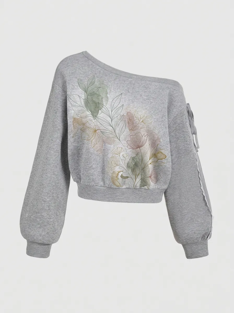 Women's Botanical Watercolor Floral Printed One-Shoulder Sweatshirt